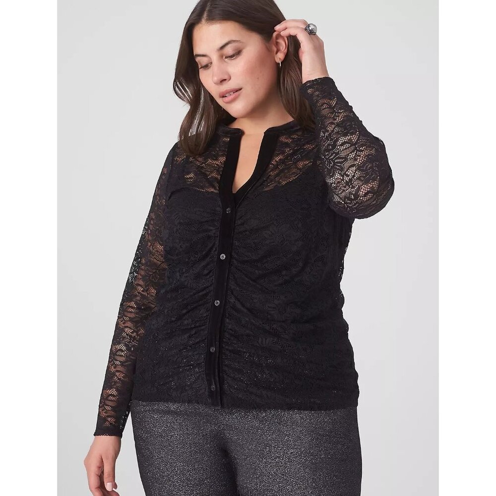 Lane Bryant Top Size 16 Fitted Button Front Ruched Sheer Lace Shirt Whimsigoth